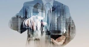 Double exposure of businessman hand showing leader on server background as concept-4
