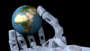 Robot hand holding globe, 3D image